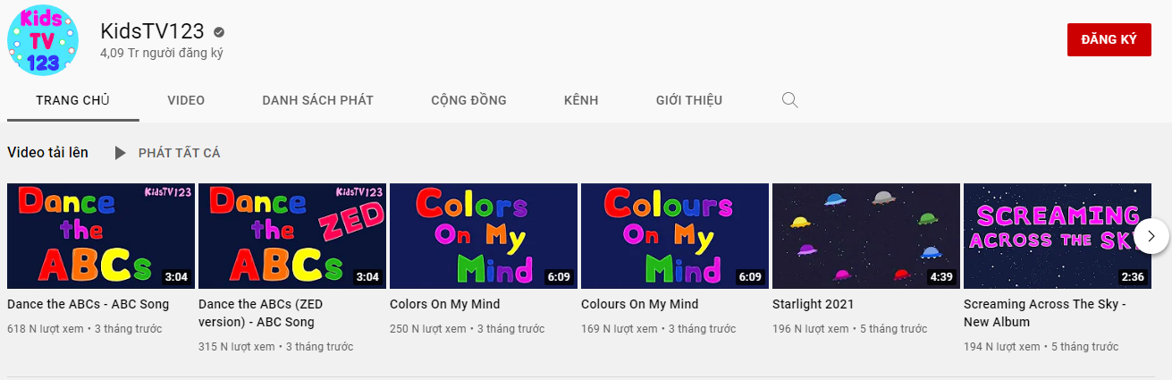Kênh Youtube KidTv123 cho bé học tiếng anh miễn phí