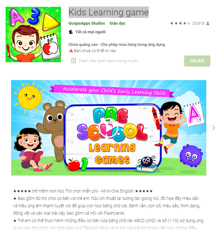 Phần mềm học tiếng anh miễn phí Kids Learning game