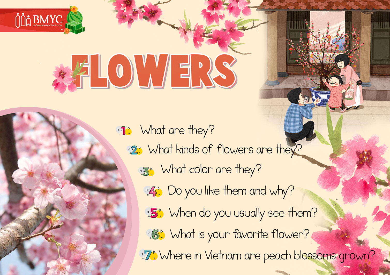Mẫu câu hỏi tương tác chủ đề "Flowers" ngày Tết bằng tiếng Anh