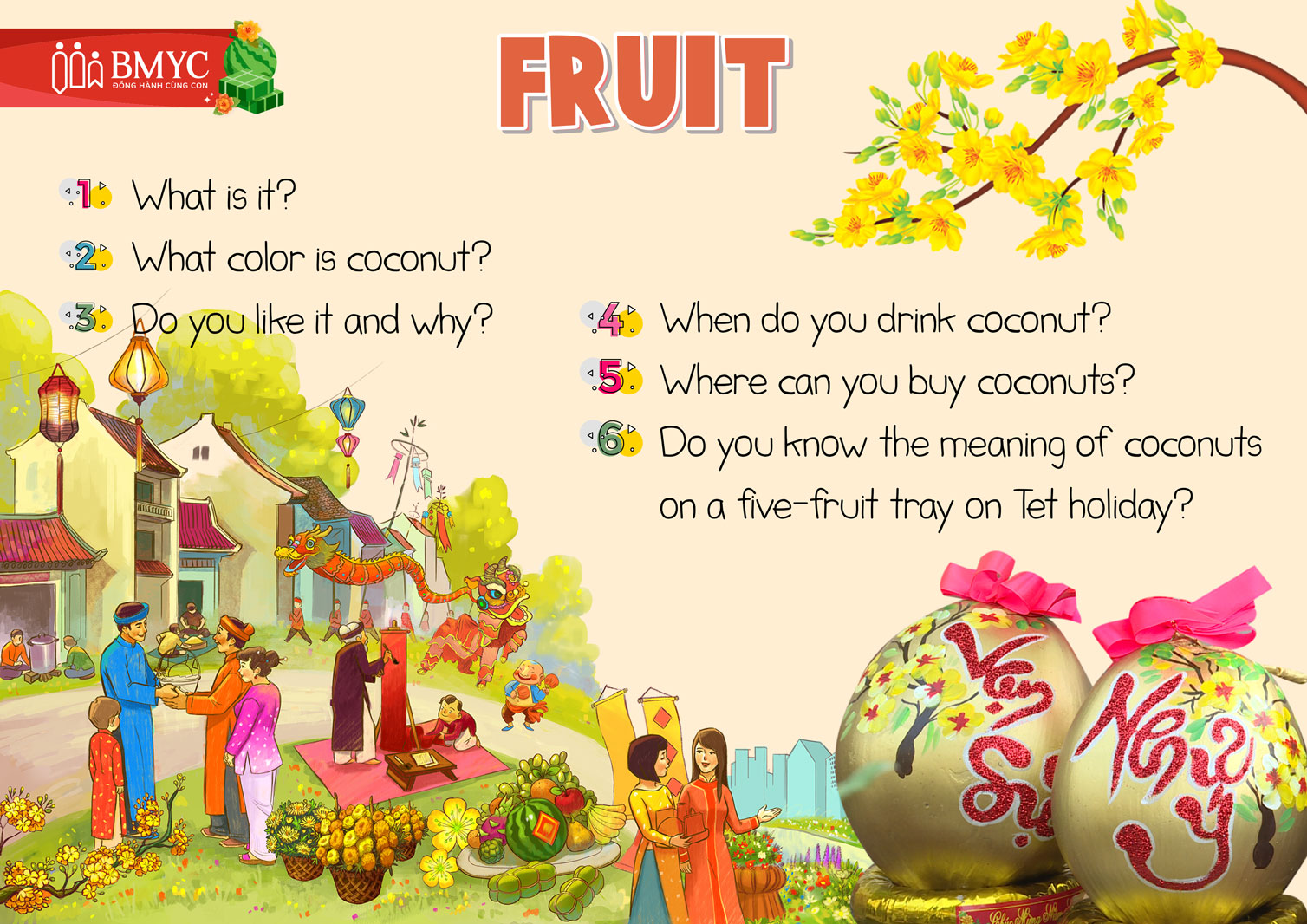 Mẫu câu hỏi tương tác chủ đề "coconut" ngày Tết bằng tiếng Anh