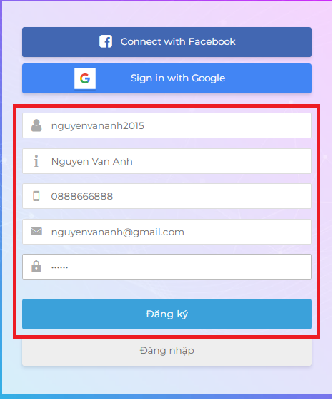 Hướng dẫn đăng ký, đăng nhập tài khoản website để truy nhập vào hệ thống dữ liệu học tập bmyc 7 6 Điền thông tin dang ky