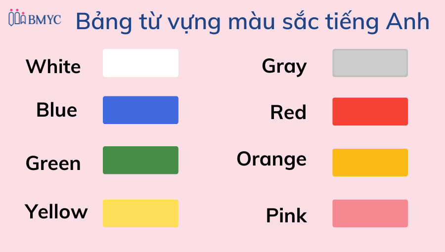 Ví dụ bảng từ vựng bé học màu sắc tiếng Anh.