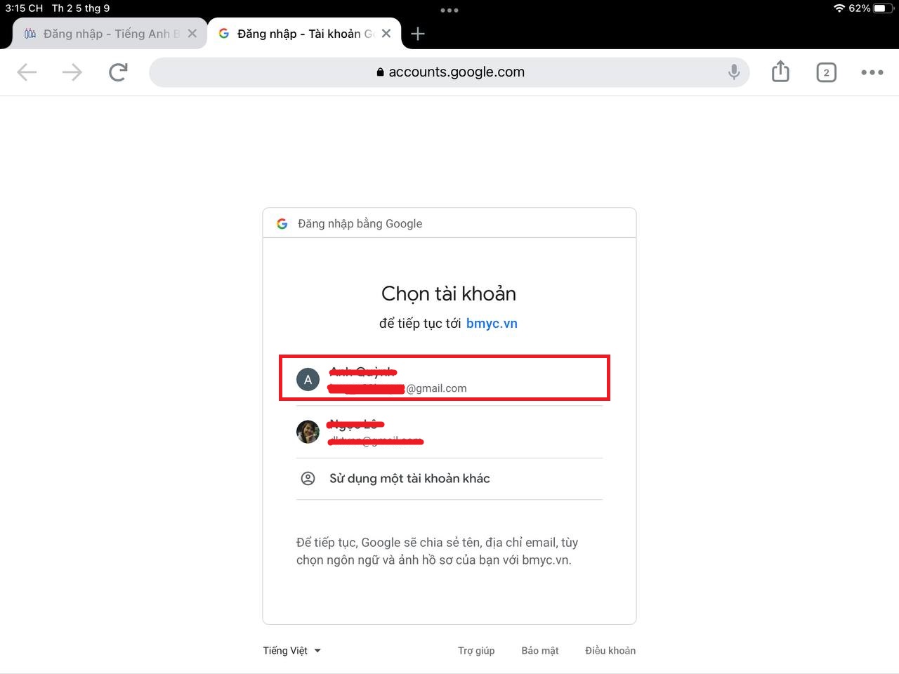 Hướng dẫn thực hiện các bước học bài trên hệ thống bài học online bmyc 3 Chọn tài khoản Google để đăng nhập