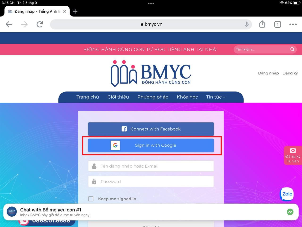 Hướng dẫn thực hiện các bước học bài trên hệ thống bài học online bmyc 2 Lựa chọn cách Đăng nhập thông tin theo tài khoản Google
