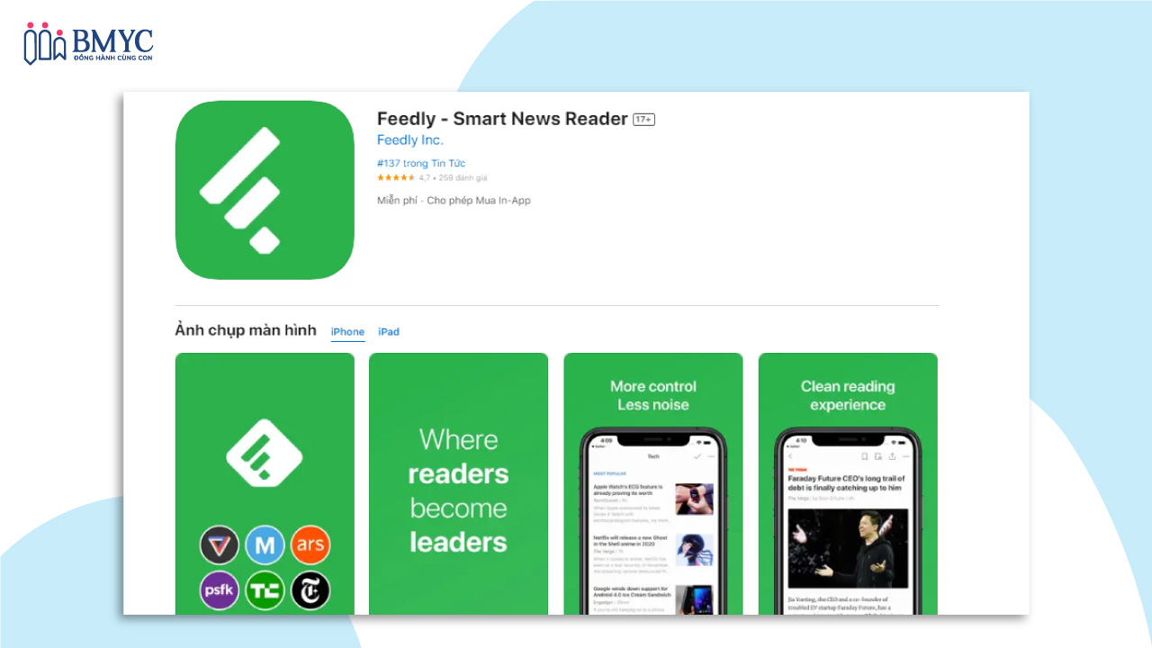 App đọc báo tiếng Anh cho trẻ em Feedly