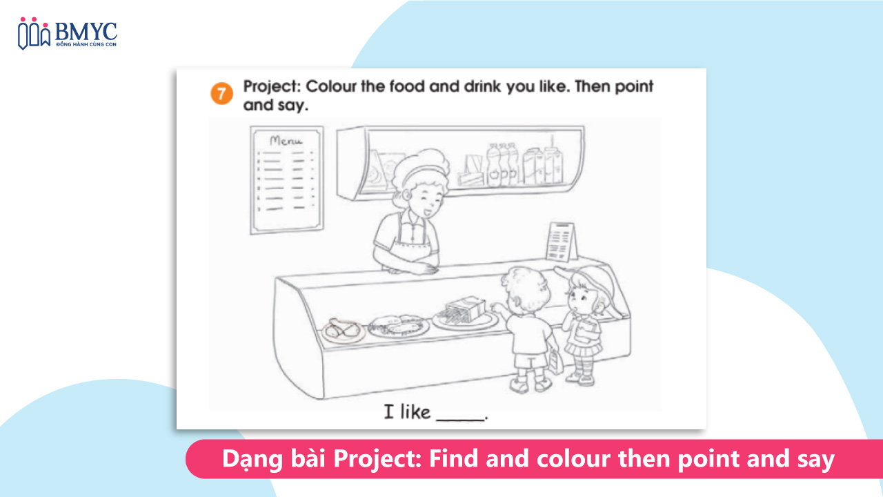 Bài tập tiếng Anh lớp 1 Project: Find and colour then point and say