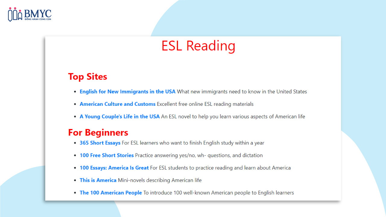 Web luyện đọc tiếng Anh miễn phí Esl-reader