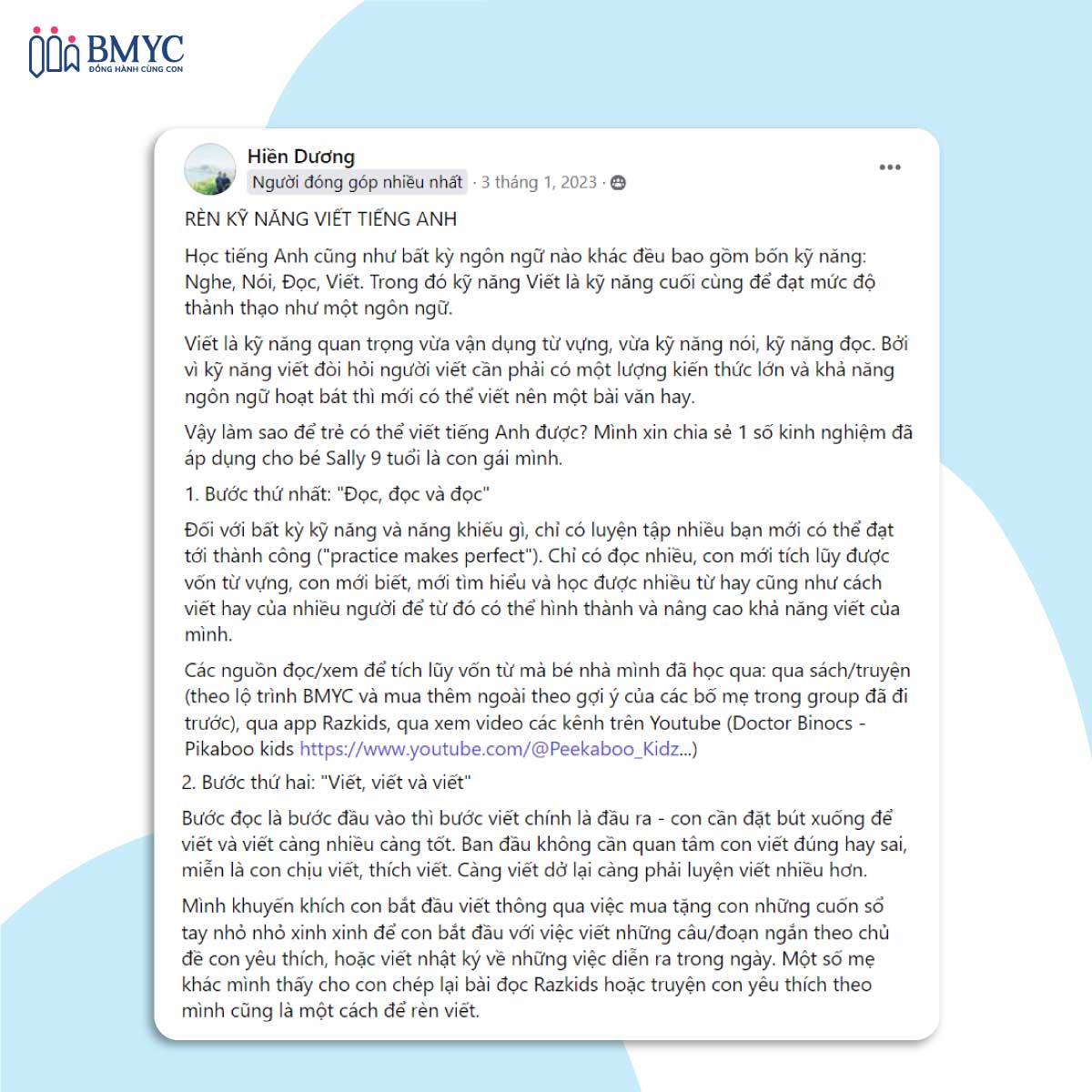 Bí quyết tăng cường kỹ năng viết lách tiếng Anh miễn phí - Chia sẻ phụ huynh BMyC Chị Hiền Dương