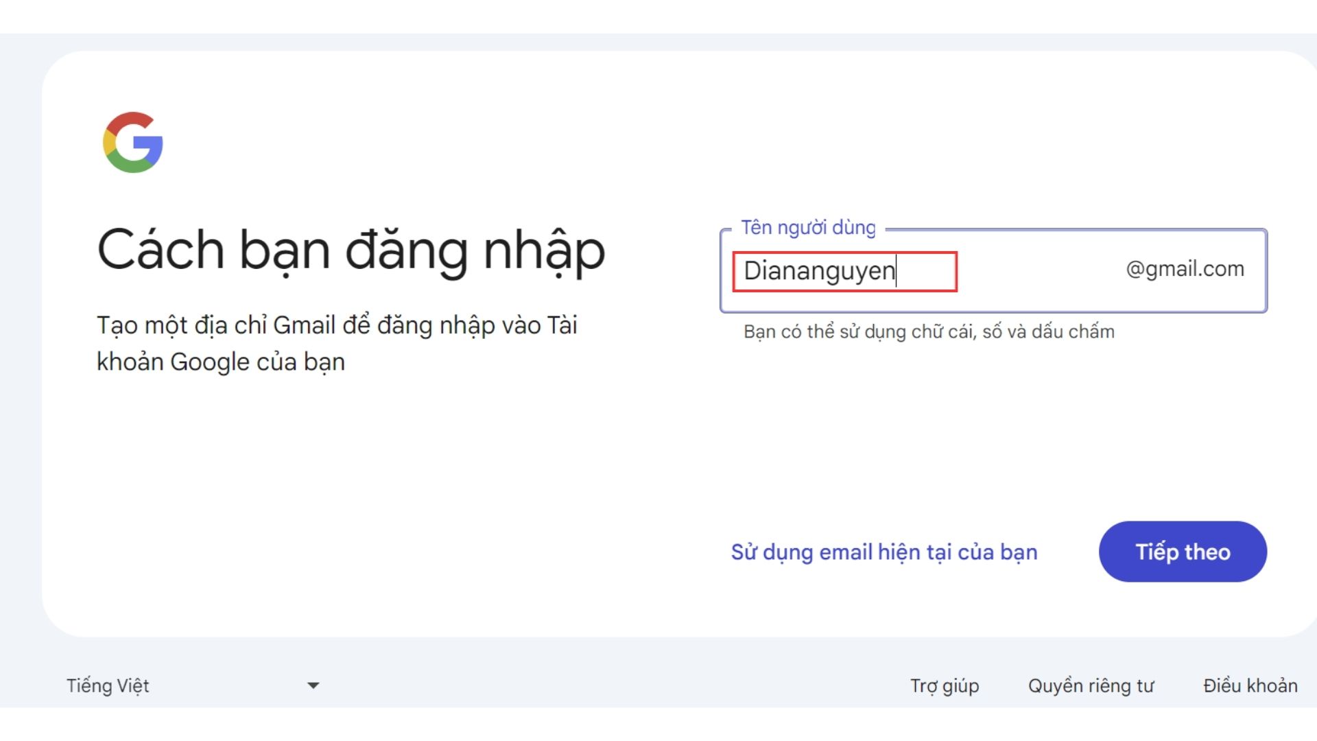 Nhập tên người dùng