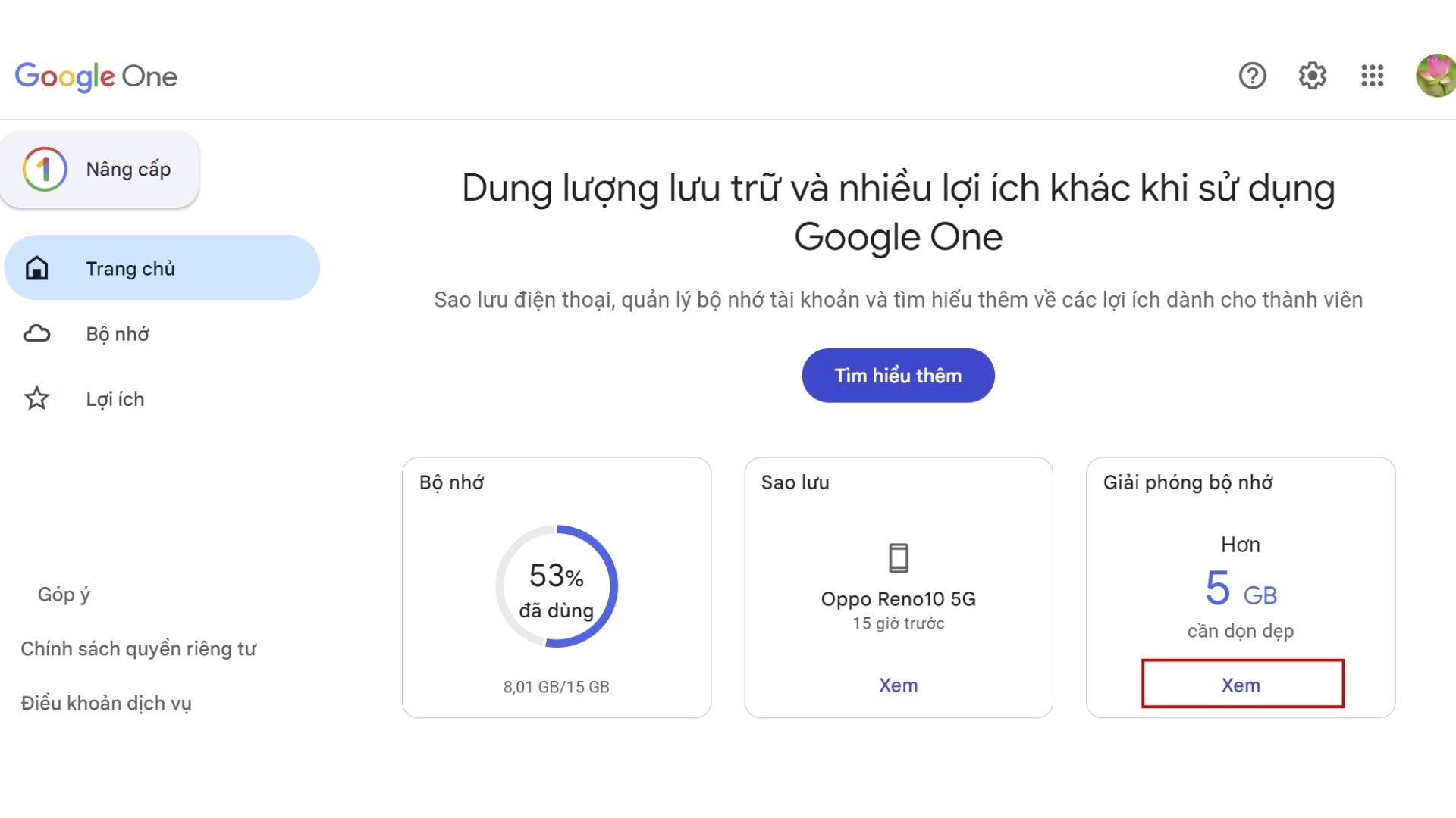 Dọn dẹp bộ nhớ Google bằng Google One