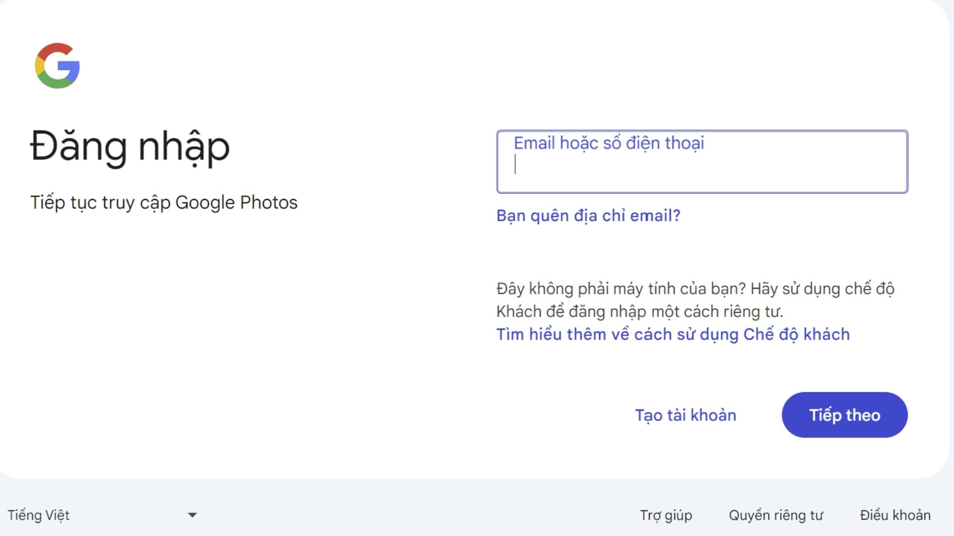 Nhập địa chỉ email của tài khoản Google