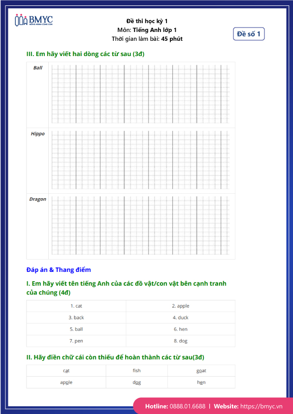 Bộ đề thi học kì 1 môn tiếng Anh lớp 1 kèm đáp án - Đề 1 - Trang 2