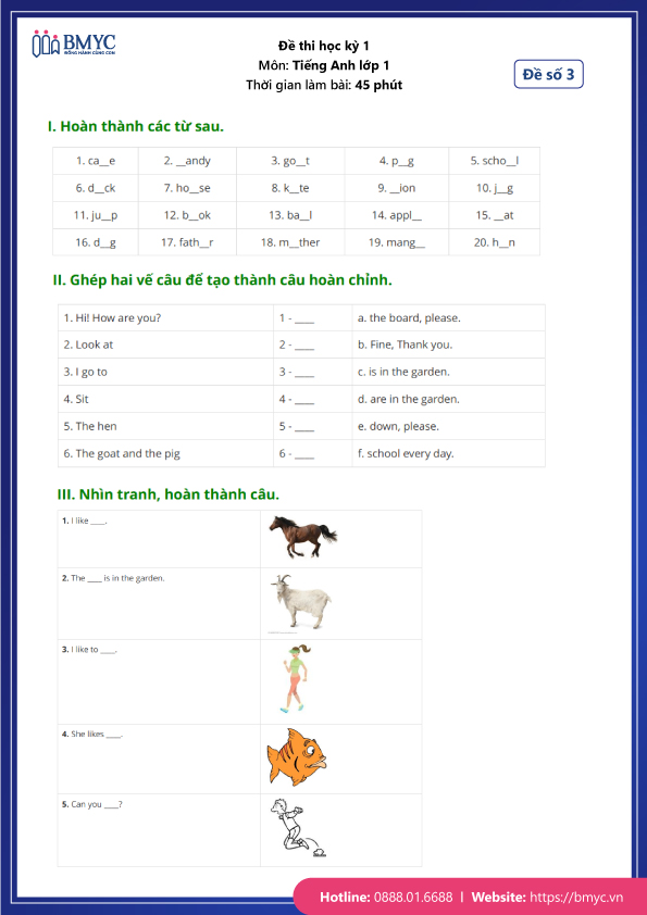 Bộ đề thi học kì 1 môn tiếng Anh lớp 1 kèm đáp án - Đề 3 - Trang 1