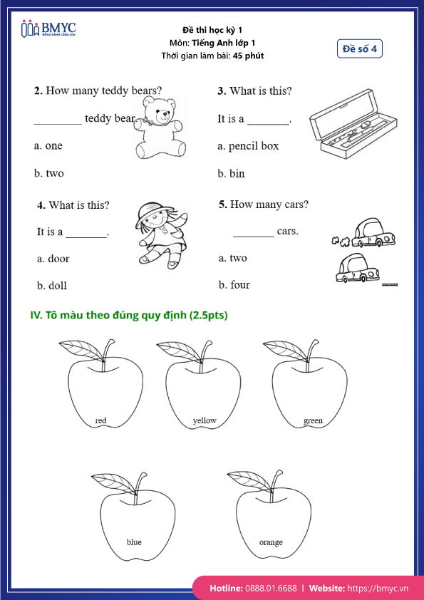 Đề thi học kì 1 tiếng Anh lớp 1 kèm đáp án - Đề 4 - Trang 3