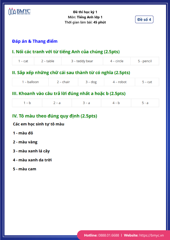 Đề thi học kì 1 tiếng Anh lớp 1 kèm đáp án - Đề 4 - Trang 4