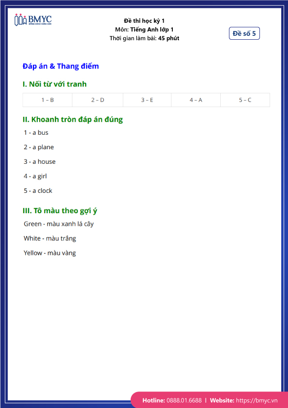 Đề thi học kì 1 tiếng Anh lớp 1 kèm đáp án - Đề 5 - Trang 3