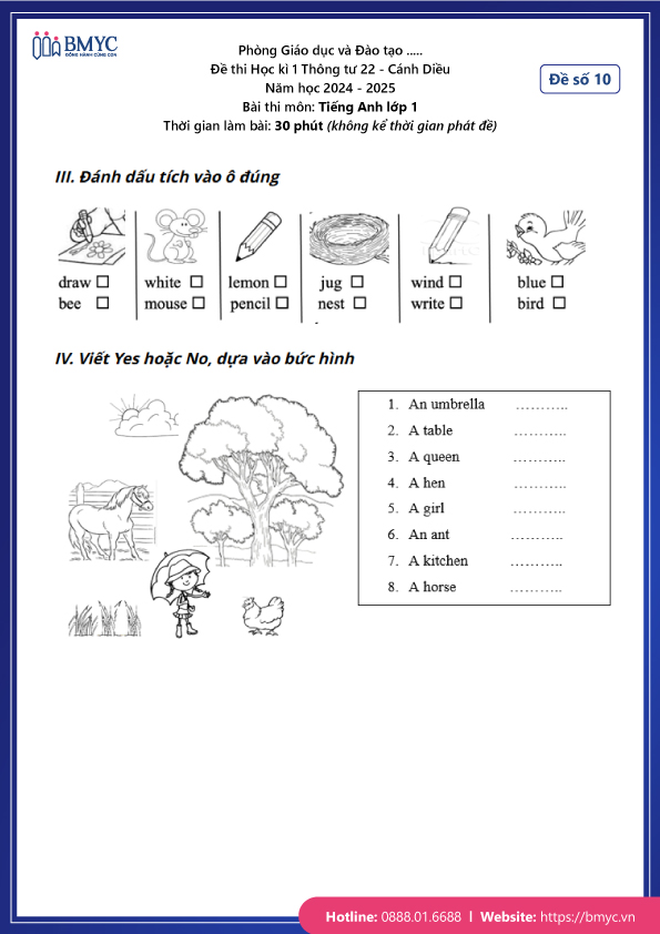 Đề thi Tiếng Anh lớp 1 Cánh Diều năm 2024 - Học kì 1 - Đề số 10 (Trang 2)
