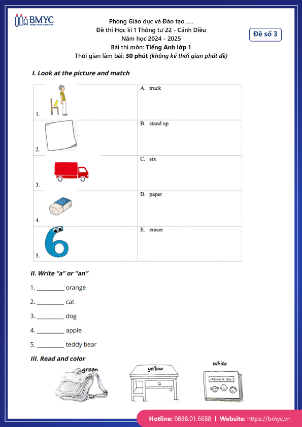 Đề thi Tiếng Anh lớp 1 Cánh Diều năm 2024 - Học kì 1 - Đề số 3