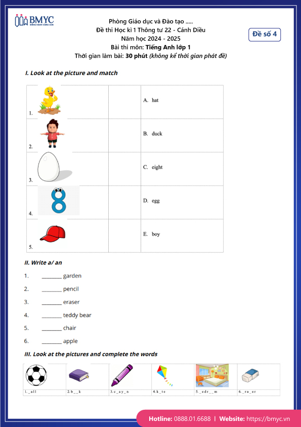 Đề thi Tiếng Anh lớp 1 Cánh Diều năm 2024 - Học kì 1 - Đề số 4
