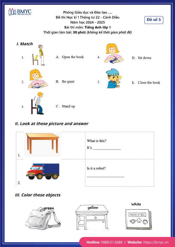 Đề thi Tiếng Anh lớp 1 Cánh Diều năm 2024 - Học kì 1 - Đề số 5