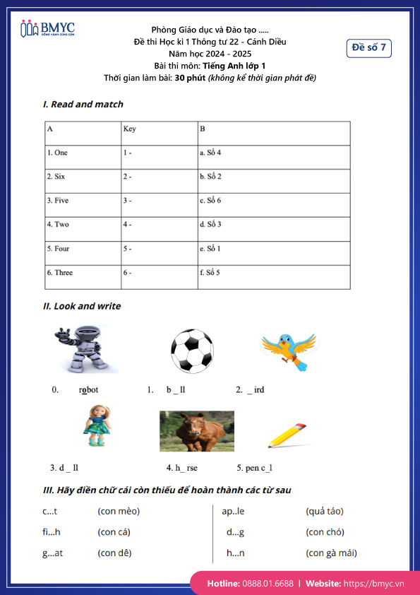 Đề thi Tiếng Anh lớp 1 Cánh Diều năm 2024 - Học kì 1 - Đề số 7