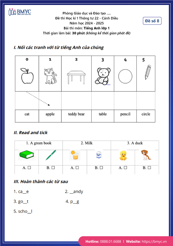 Đề thi Tiếng Anh lớp 1 Cánh Diều năm 2024 - Học kì 1 - Đề số 8