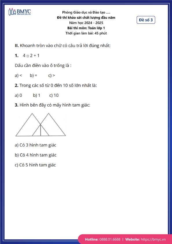 Đề thi khảo sát chất lượng đầu năm môn toán lớp 1 - Đề 3 - Trang 2