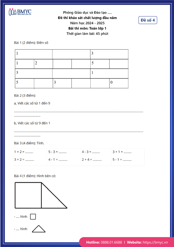 Đề thi khảo sát chất lượng đầu năm môn toán lớp 1 - Đề thi số 4