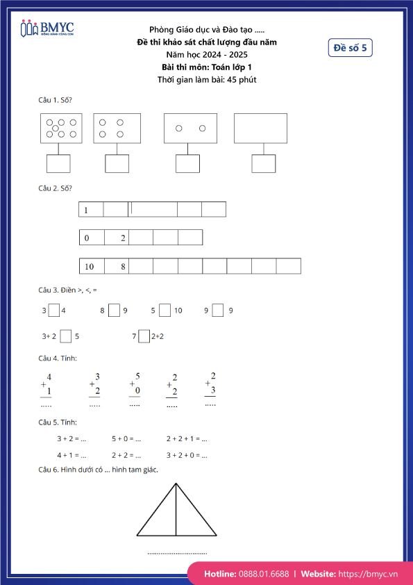 Đề thi khảo sát chất lượng đầu năm môn toán lớp 1 - Đề thi số 5