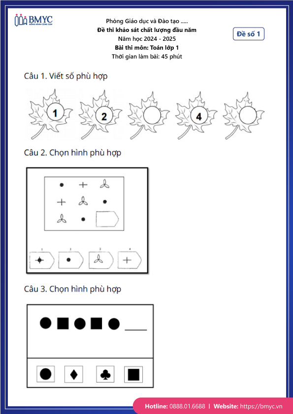 Đề thi khảo sát chất lượng đầu năm môn toán lớp 1 - Đề 1 - Trang 1