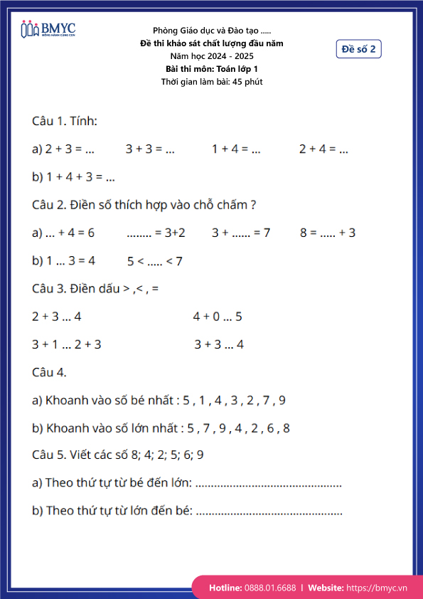 Đề thi khảo sát chất lượng đầu năm môn toán lớp 1 - Đề 2 - Trang 1