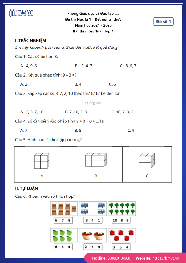 Đề thi Học kì 1 môn Toán lớp 1 Kết nối tri thức 2024 - Đề 1 có đáp án - Trang 1