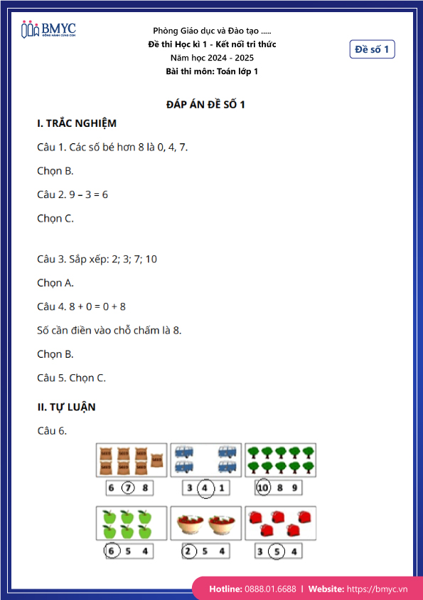 Đề thi Học kì 1 môn Toán lớp 1 Kết nối tri thức 2024 - Đề 1 có đáp án - Trang 3