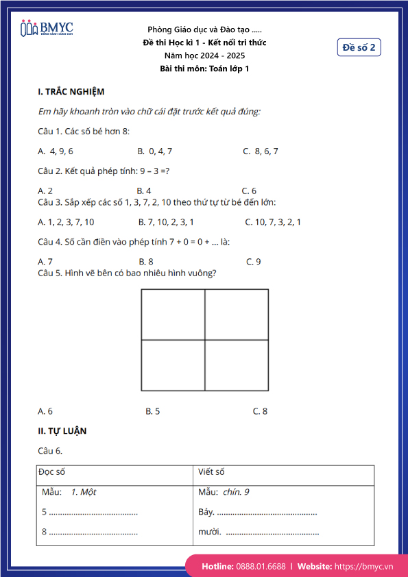 Đề thi Học kì 1 Toán lớp 1 Kết nối tri thức 2024 - Đề 2 - Trang 1