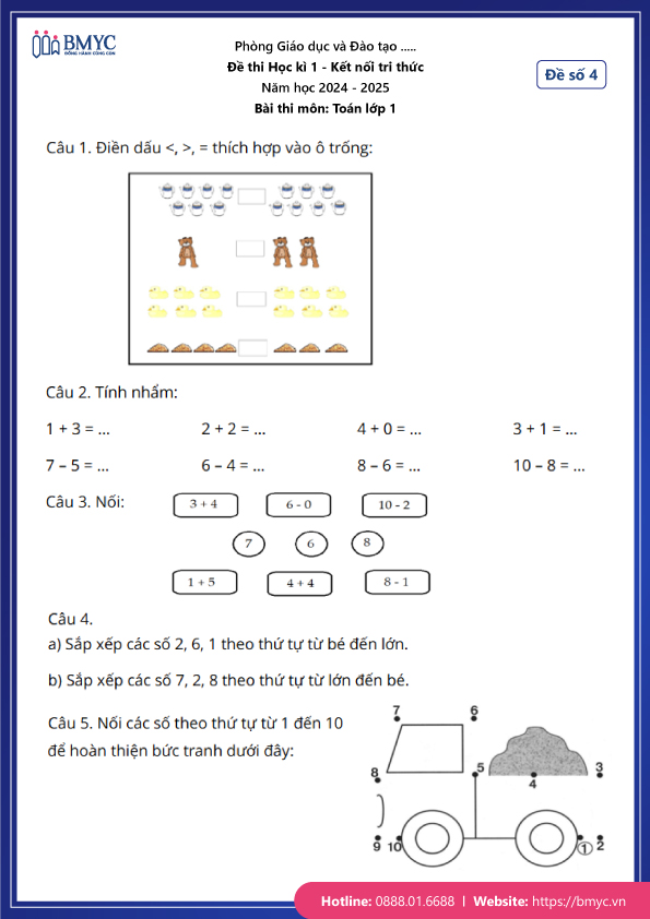 Đề thi Học kì 1 Toán lớp 1 Kết nối tri thức 2024 - Đề số 4