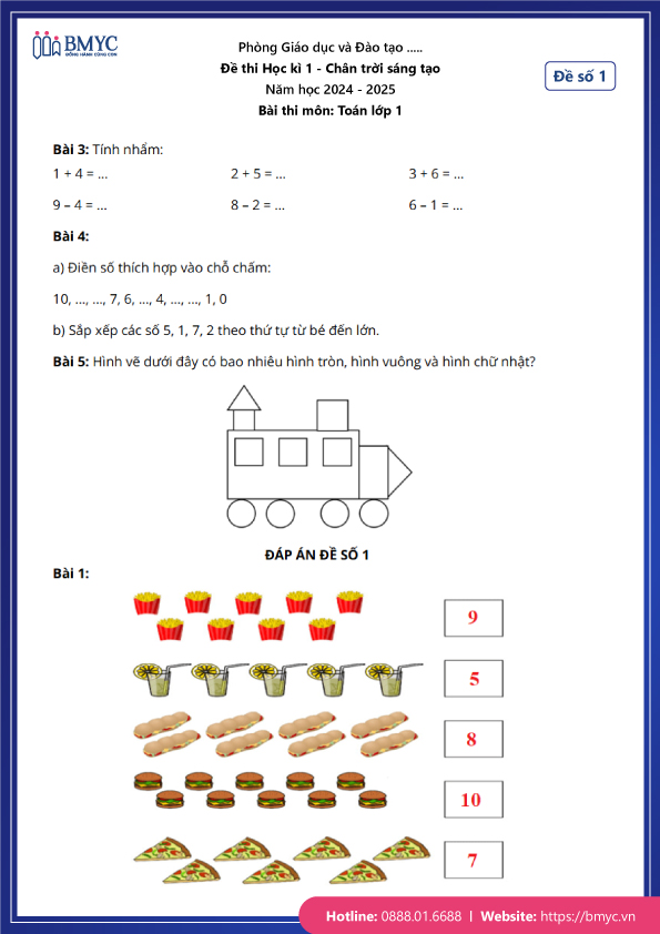 Đề thi Học kì 1 môn Toán lớp 1 Chân trời sáng tạo năm 2024 - Đề số 1 có đáp án - Trang 3