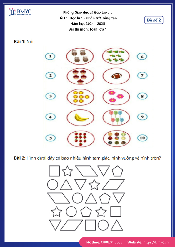 Đề thi Học kì 1 Toán lớp 1 Chân trời sáng tạo năm 2024 - Đề số 2 - Trang 1