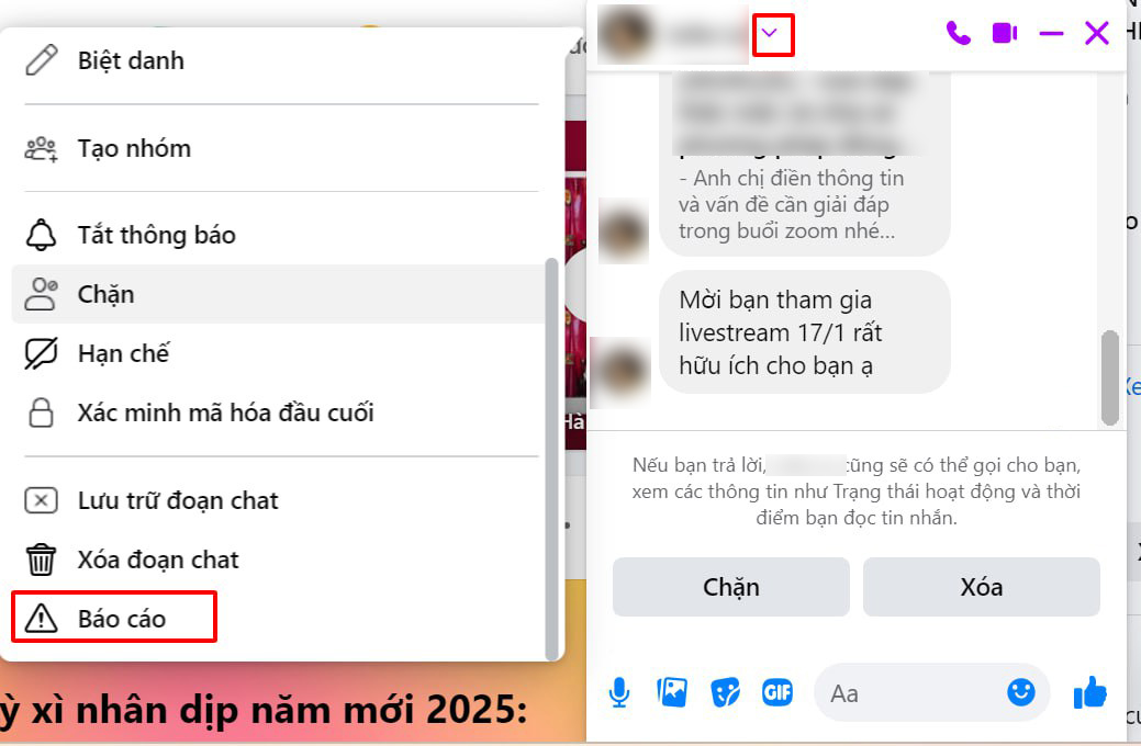 Nhấn vào tên hoặc avatar người gửi, chọn báo cáo