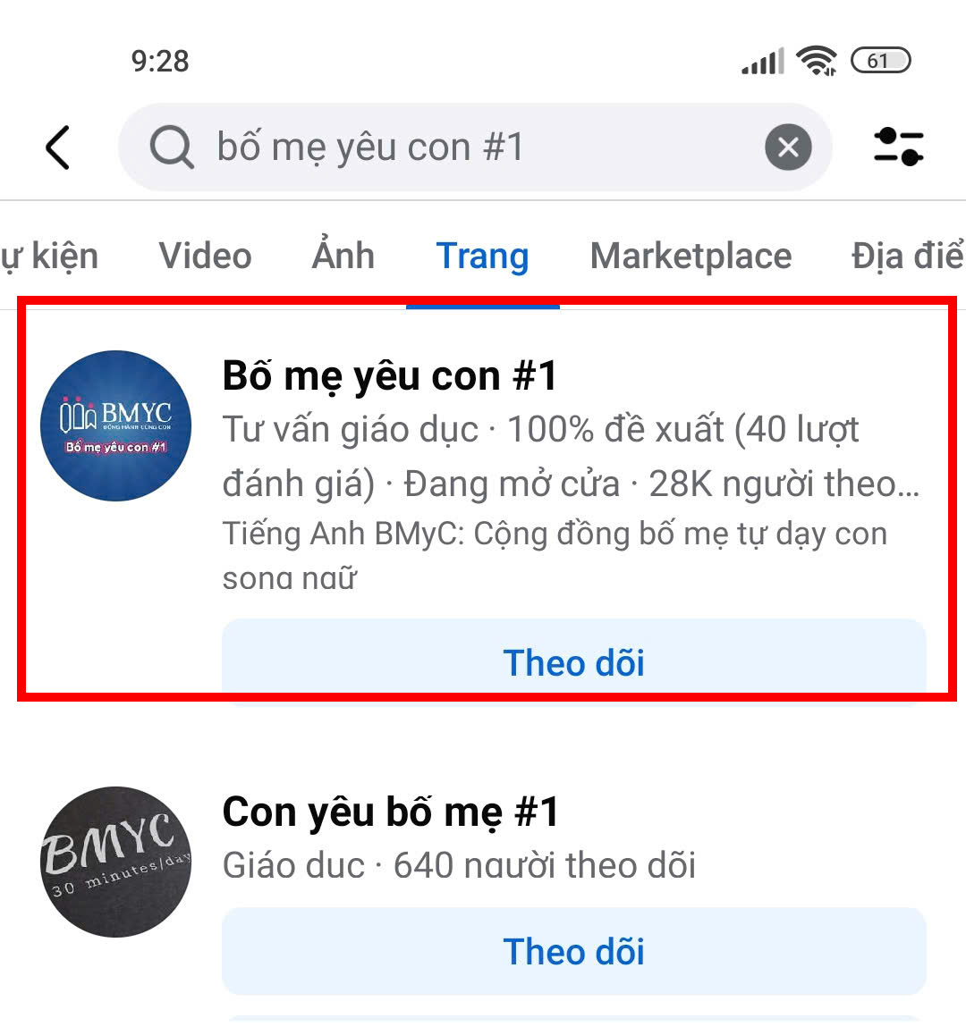 Chọn kết quả tìm kiếm Page Bố mẹ yêu con #1