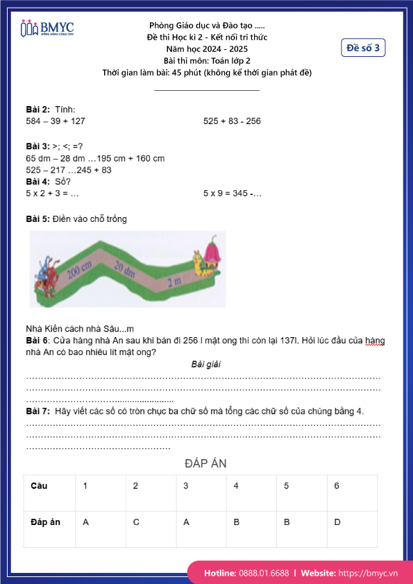 Đề thi học kì 2 Toán lớp 2 - Đề 3 (trang 2)