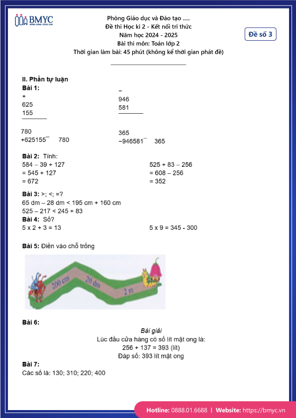 Đề thi học kì 2 Toán lớp 2 - Đề 3 (trang 3)