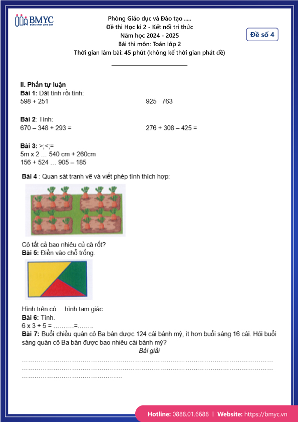 Đề thi học kì 2 Toán lớp 2 - Đề 4 (trang 2)