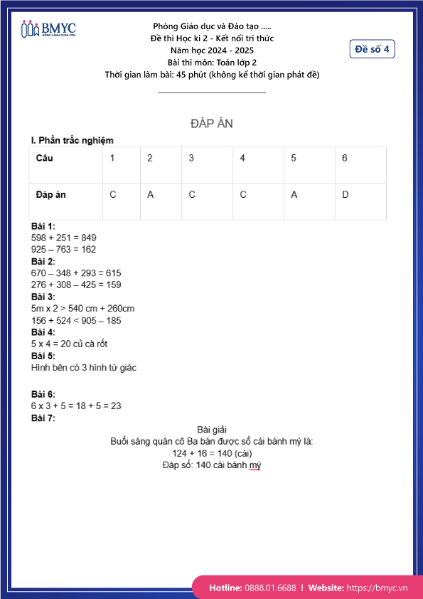 Đề thi học kì 2 Toán lớp 2 - Đề 4 (trang 3)