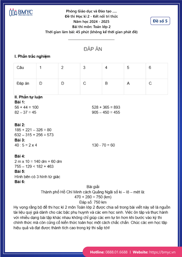 Đề thi học kì 2 Toán lớp 2 - Đề 5 (trang 3)