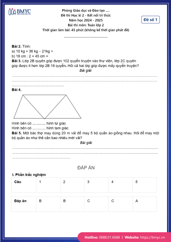 Đề thi học kì 2 Toán lớp 2 - Đề 1 (trang 2)