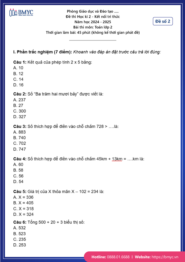 Đề thi học kì 2 Toán lớp 2 - Đề 2 (trang 1)
