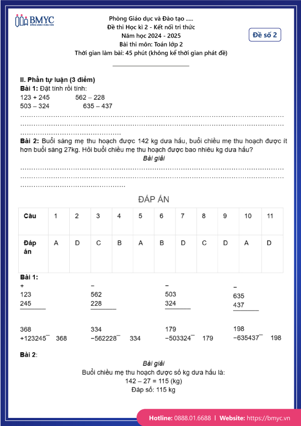 Đề thi học kì 2 Toán lớp 2 - Đề 2 (trang 3)