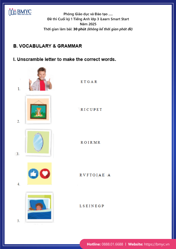 De-thi-tieng-Anh-lop-3-chon-loc....24 Đề thi Cuối kì 1 tiếng Anh lớp 3 iLearn Smart Start trang 2