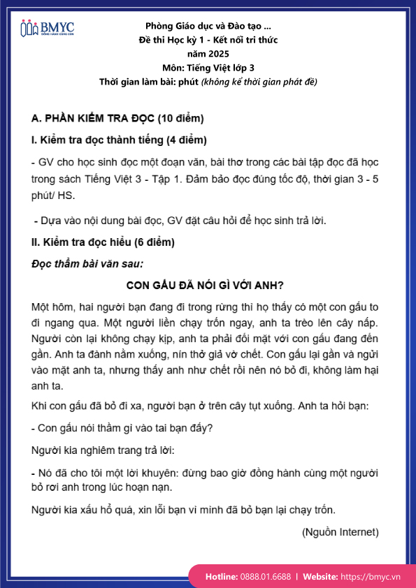 Đề thi tiếng Việt lớp 3 học kỳ 1 đề số 1 trang 1