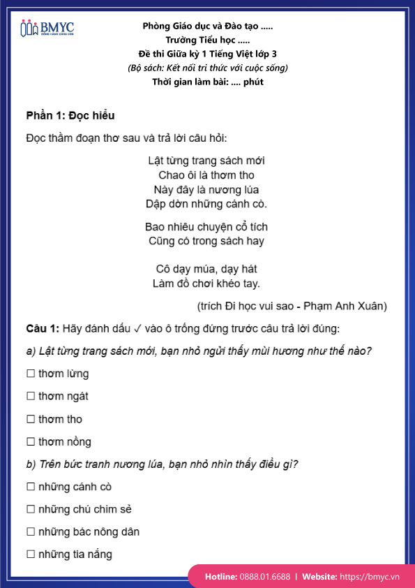 Đề thi tiếng Việt lớp 3 giữa kỳ 1 đề 1 trang 1